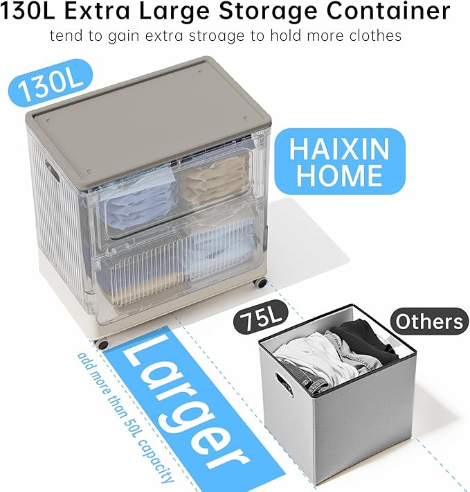 HAIXIN HOME 130L Stackable Storage Bin with 3 Storage Bags for Sorting and Organization, Foldable Storage Box with Wheels, Large Blanket Storage Container for Comforters, Bedding, Seasonal Clothing