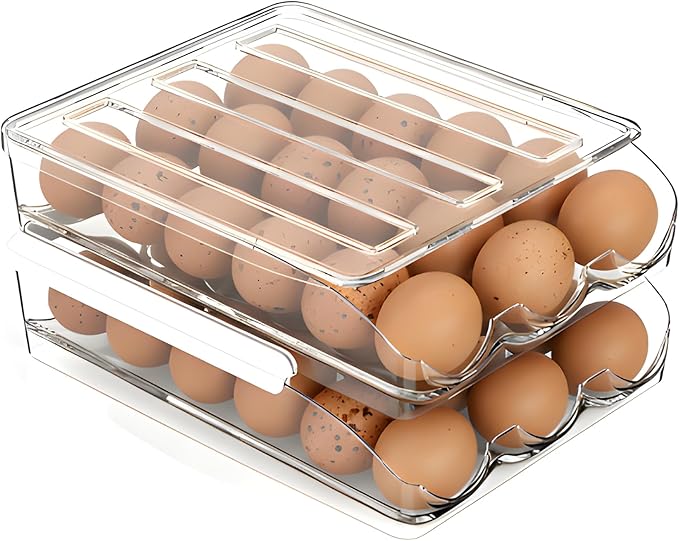 Egg Holder for Fridge, Automatic Rolling Egg Organizer for Refrigerator, Clear Plastic Storage for Refrigerator with Lid, Large Capacity Dispenser, Stackable Container (2 Layers Holder 36 Eggs)
