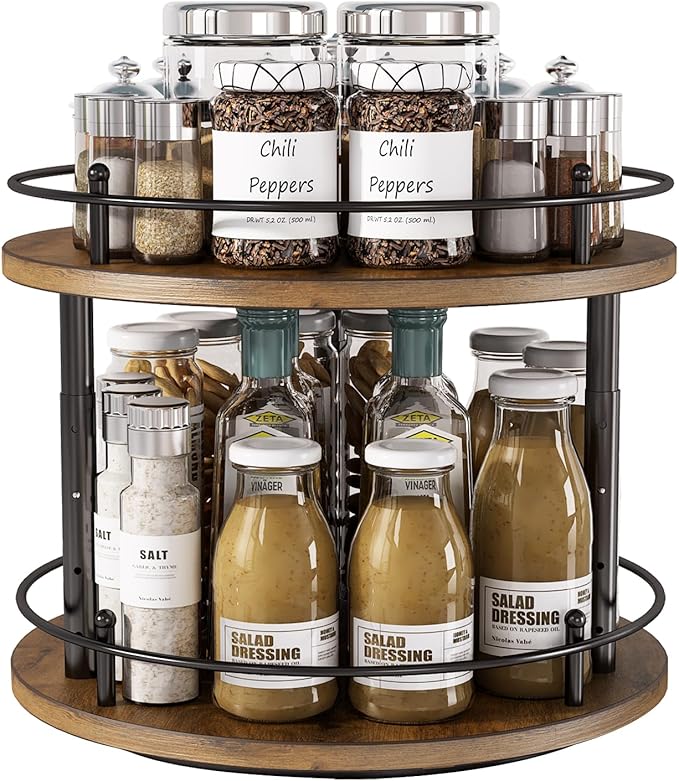 LIAISIMI 2 Tier Lazy Susan Organizer,2-Tier Spinning Spice Rack with Stable Carousel Base & 4 Height Settings for Cupboard Kitchen Countertop Dining Table Cupboard (Two-Ply(Round))