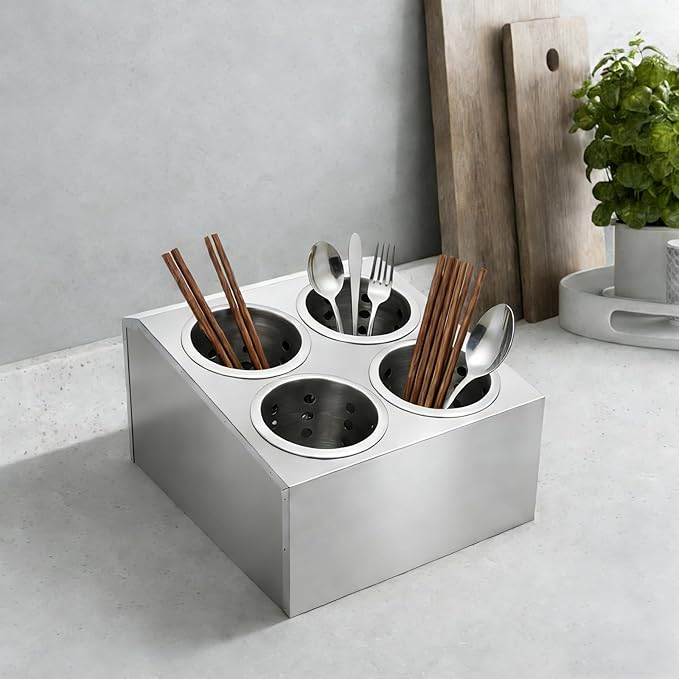 DYNAMI Stainless Steel Kitchen Utensil Holder with 4 Compartments,Commercial Silverware Sorter Silverware Utensil Holder,Perforated Caddy Drying Rack Flatware Organizer Countertop,for Buffets