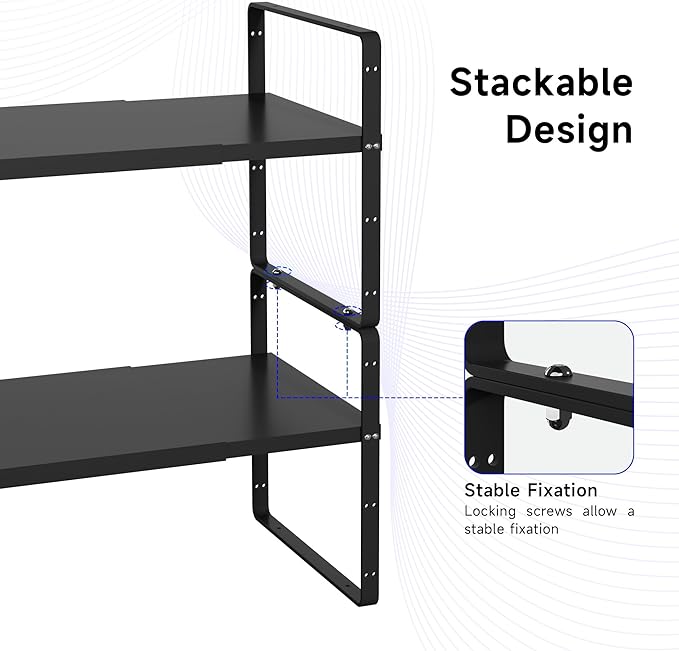 KIKIBRO Expandable Cabinet Shelf Organizer, Stackable Kitchen Pantry Counter Storage, Adjustable Cupboard Stand Rack Risers Spice Organization Heavy Duty Black Small 3 Pack