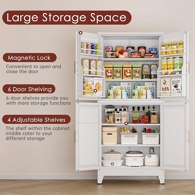 PAOFIN 75" H Metal Storage Cabinet, Pantry with 6 Door Shelves and 4 Adjustable Shelves, Leveling Foot for Kitchen, Living Room and Dinning Room, White