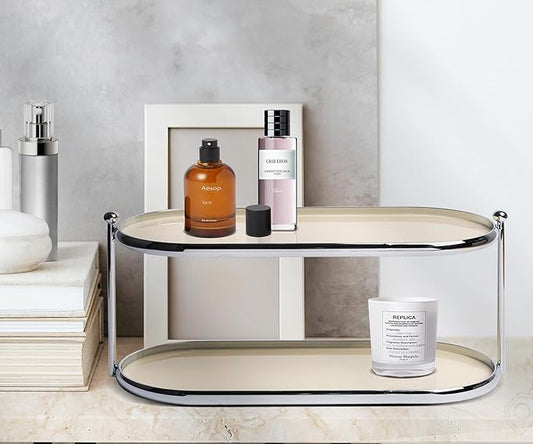MUSEOWN 2 Tier Metal Frame Perfume Organizer in Stylish,and Minimalist Perfume Tray-Elegant Countertop Display Shelf for Skincare,Makeup,Trinket for Dresser,Vanity,Bathroom (Creamy White)
