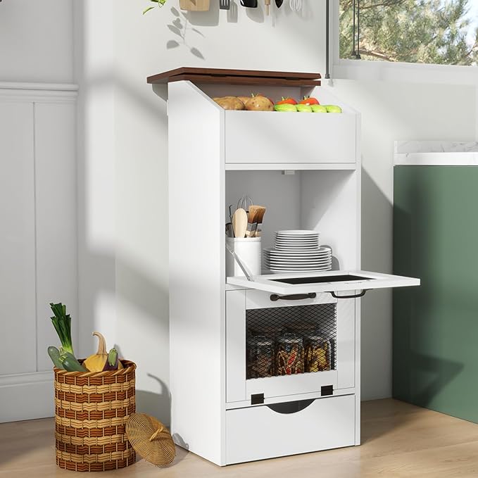 Patiorama Wood Potato and Onion Storage Bin Box with Lid, 4-Tier Farmhouse Wooden Bread Box Cabinet with 2 Mesh Doors & Rolling Drawer, Large Vegetable Storage Bin Organizer for Kitchen Pantry White