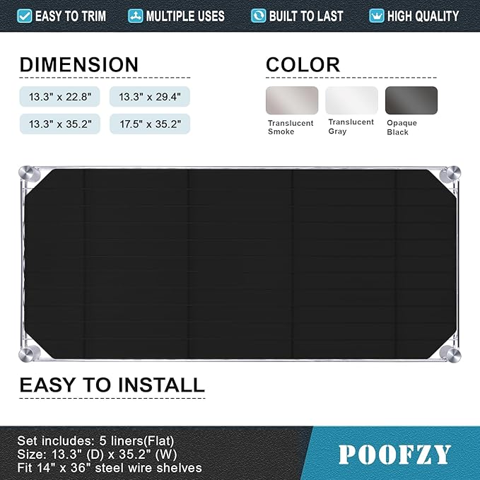 Poofzy Wire Shelf Liner 14 x 36, Set of 5 Shelf Liners for Wire Shelving Plastic Non-Adhesive for Pantry, Kitchen Cabinets (Black)