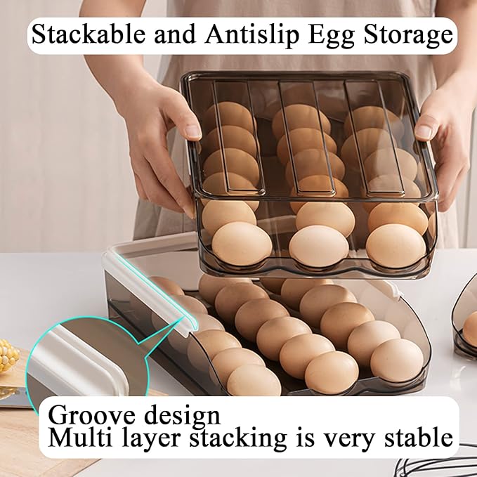 Egg Holder for Refrigerator Auto Scrolling Organizer Plastic Stackable Storage Container Reusable Clear Tray Box Basket Bin Lid Drawer Carrier Keeper(1 Layer)