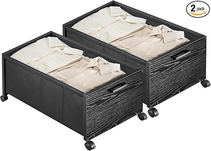 Under Bed Storage with Wheels, Wooden Under Bed Drawers On Wheels, Rolling Under Bed Shoe Storage, Space Saving, Black,70L