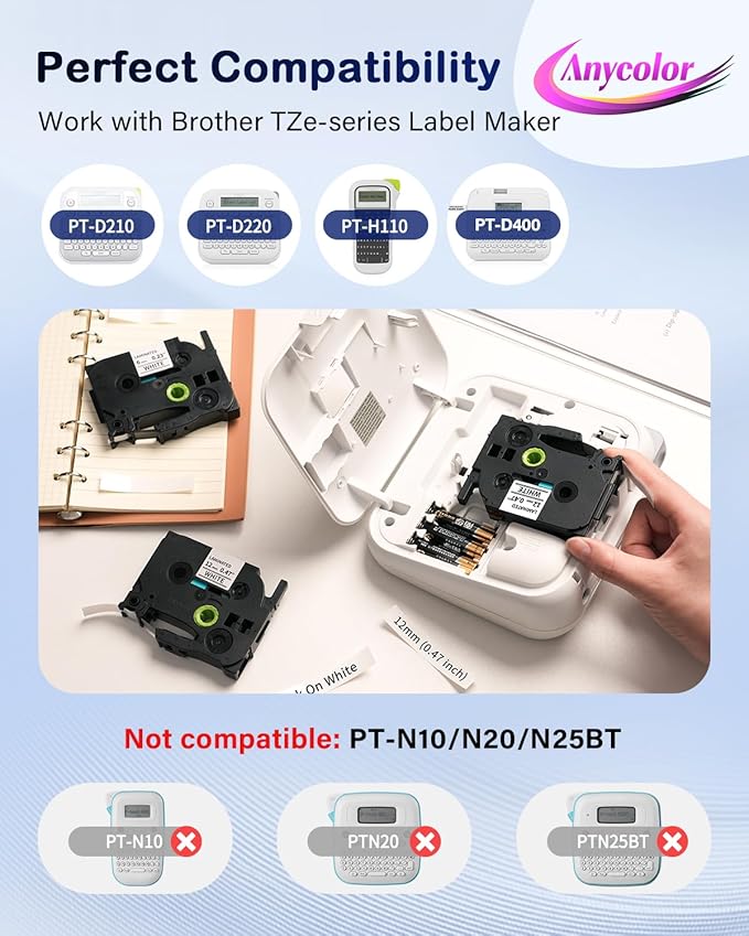 Anycolor 10-Pack Label Maker Tape Refill TZe-231 Compatible with Brother TZ Tape 12mm 0.47 Laminated White TZ231 TZe231, for Brother PTouch PT-D210 D-220 H110 1880 D600 D410 P710BT