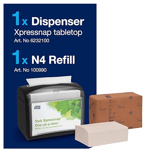 Tork Xpressnap Tabletop Napkin System Starter Pack Black N4, Dispenser and 1 x 500 One-at-a-Time Dispensing Napkins, 80062300