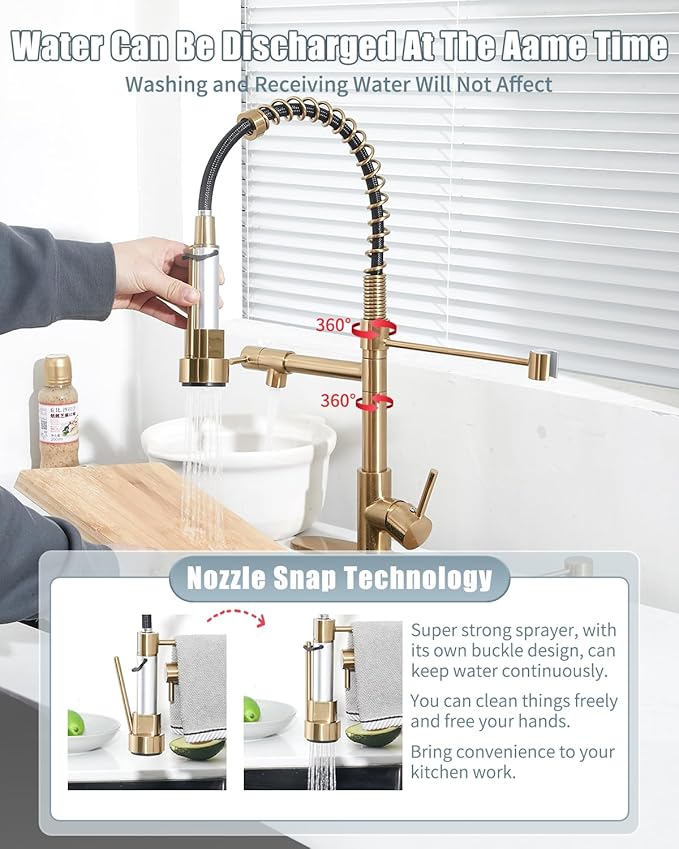 Kitchen Faucet with Soap Dispenser, Brushed Gold Kitchen Faucet, Kitchen Faucets with Pull Down Sprayer and Deck Plate, Stainless Steel Spring Camper Laundry RV Faucets for Kitchen Sinks