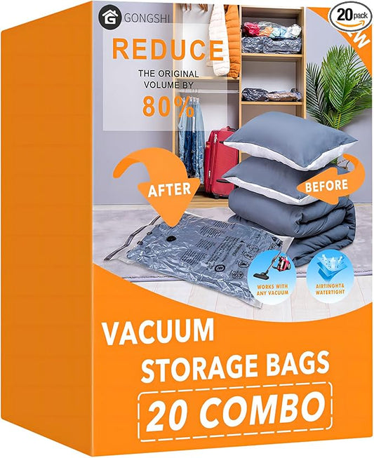 20 Pack Vacuum Storage Bags (4 Jumbo, 4 Large, 4 Medium, 4 Small, 4 Roll Up), Space Saver Sealer Compression Bags for Blankets, Comforters, Pillows, Clothes Storage