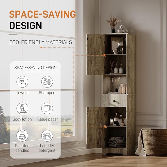 Viaozutis Tall Bathroom Cabinet, Storage Cabinet with 2 Doors & 2Drawer, with Ajustable Shelve, for Bathrooms, Kitchens,Entrances,Bedrooms（Grey）