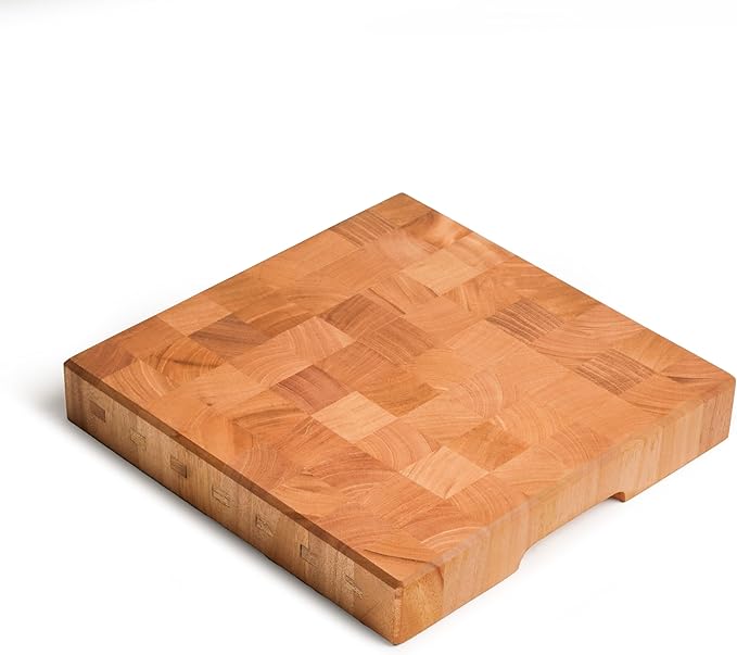 SHUMARU Mahogany End Grain Cutting Board 12.6×12.6×2 in with Holder – Handmade Checkered Butcher Block, Knife-Friendly, Non-Slip Feet, Ergonomic Handles