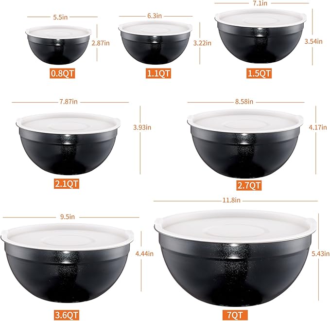 LKTDYMEG Black Mixing Bowls with Lids Set of 7, Stainless Steel Nesting Bowl with Khaki Lid for Non-slip Mixing Prepping Storing Serving, 7 Sizes-7/3.6/2.7/2.1/1.5/1/0.8 QT