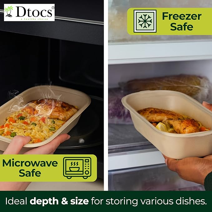 Dtocs Bamboo Fiber 500 mL Meal Prep Containers (Pack 50) | Disposable To-Go Food Containers With Lid | Microwave & Freezer Safe | Alternative to Glass Food Storage Box