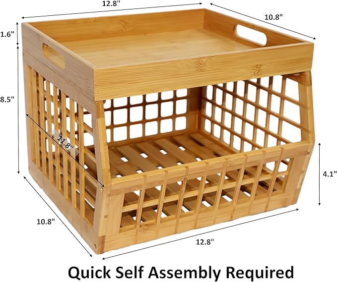 Bamboo Storage Bin - Multipurpose, Stackable Open Front Storage Bin with Bamboo Serving Tray Lid for Kitchen & Pantry - Stylish Lattice Design
