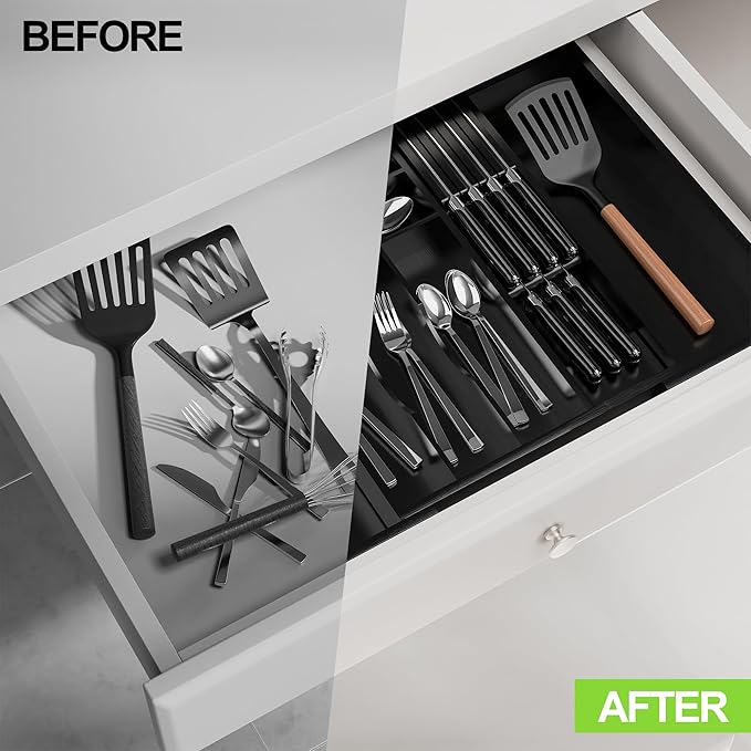 Thalomely Bamboo Kitchen Drawer Organizer, Expandable Silverware Organizer with Removable Knife Block, 6-8 Slots- Utensil Holder & Cutlery Tray Drawer Dividers, 2.36" Deep for Extra Capacity, Black