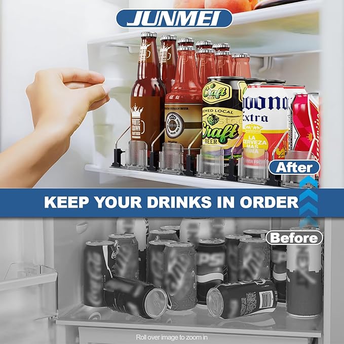 Drink Organizer for Fridge,12oz 16oz 20oz - Soda Can Dispenser for Refrigerator,Width Adjustable,Automatic Pusher Glide (Black, 15"D 5ROW, Holds 25 Cans)