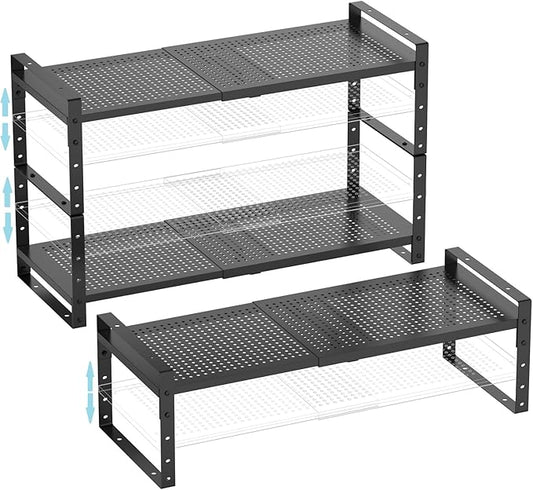 Expandable Shoe Rack Stackable Metal Pantry Storage Shelves Stand Adjustable Height Cabinet Shelf Organizer Racks Spice Shelving(3PACKS/BLACK,MEDIUM)