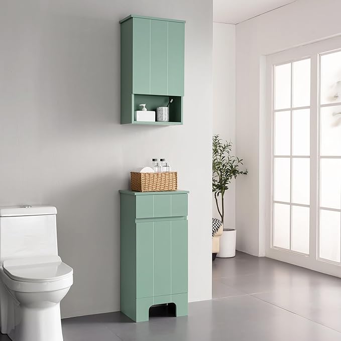 VANIRROR Small Bathroom Cabinet with Adjustable Shelves, Drawer, Anti-Tip Design, 14.96" L x 11.81" W x 32.09" H, Durable MDF for Bathroom, Kitchen, Laundry Storage, Soft-Close Door