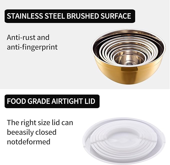 LKTDYMEG Gold Mixing Bowls with Lids Set of 7, Stainless Steel Nesting Bowl with Khaki Lid for Non-slip Mixing Prepping Storing Serving, 7 Sizes-7/3.6/2.7/2.1/1.5/1/0.8 QT