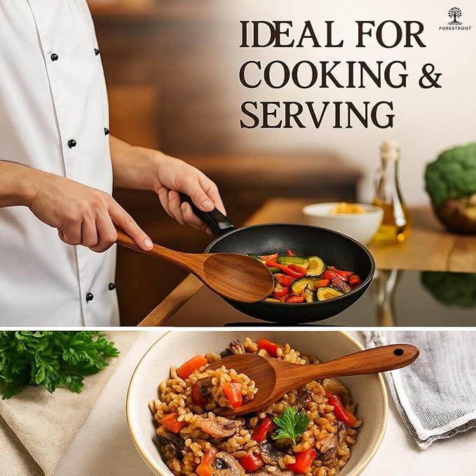 Forestroot 6-Piece Wooden Utensil Set – Premium Teak Wood Cooking Spoons & Spatulas, Non-Stick, Heat-Resistant, Durable & Eco-Friendly Kitchen Tools for Cooking & Serving