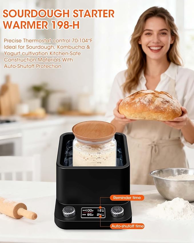 Sourdough Starter Warmer - Precise 1°F MYMULIKE Water Bath Warming, Thermostat Control (70-104°F), Even Heating, 198H Timer, Fits Bottles Up to 50 Oz - Ideal for Yeast Cultivation & Home Baking