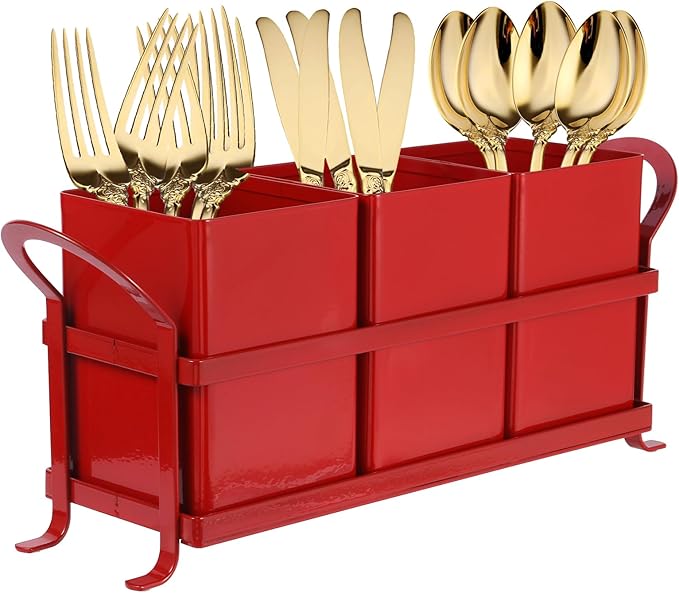 NelyBet Kitchen Utensil Holder for Countertop - Outdoor Silverware Caddy, Picnic and Camping Utensil Organizer, Flatware Holder for Party Gatherings, Metal and Durable Design (Red)