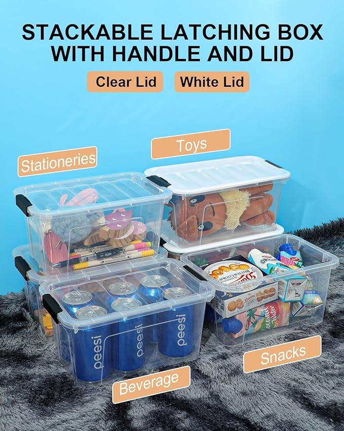 Plastic Storage Bins with Lids 6 Pack, 7 Quart Storage Containers with Black Buckle Latch, Stackable Storage Containers for Home Pantry Office Classroom Organization,