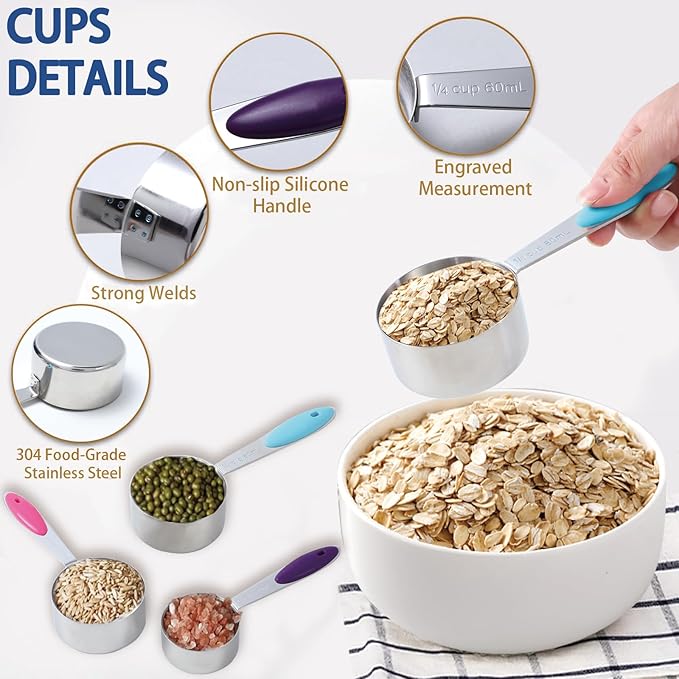 MiorBiit 12 PCS Measuring Cups and Spoons Set Stainless Steel, 5 Measuring Cups with Colorful Silicone Handle and 6 Double-Sided Magnetic Measuring Spoons & 1 Leveler for Cooking and Baking (5+6+1)