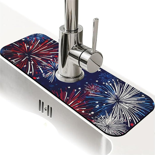 Kitchen Sink Splash Guard，Fireworks Faucet Mat Sink Gadgets-Super Absorbent Fast Drying Mat Drip Catcher for Kitchen, Bathroom,Sink Mat, Dish Drying Mat, Bathroom(15" X 5.5" )