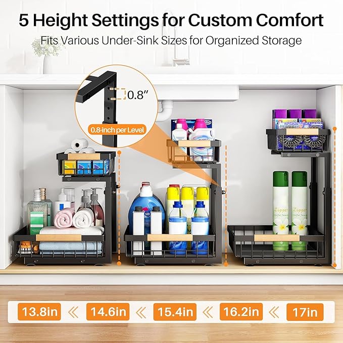PXRACK Under Sink Organizer, Adjustable Height, 2 Tier Pull Out Under Cabinet Organizer, Slide Out Thickened Metal Under Sink Storage for Kitchen Bathroom Laundry Pantry Cabinet,1-Pack, Black