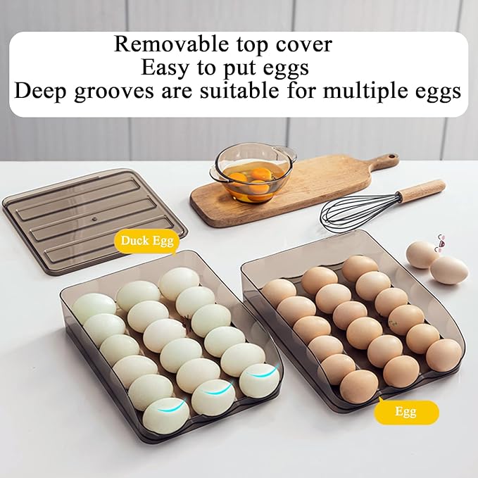 Egg Holder for Refrigerator Auto Scrolling Organizer Plastic Stackable Storage Container Reusable Clear Tray Box Basket Bin Lid Drawer Carrier Keeper(1 Layer)