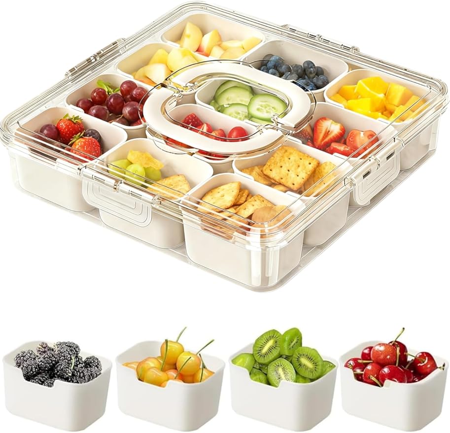 Snackle Box Container, 12 Compartment Divided Serving Tray with Lid, Sorting Portable Party Trays Clear Organizer with Locking Lid Handle for Beach Vacation, Party, Picn
