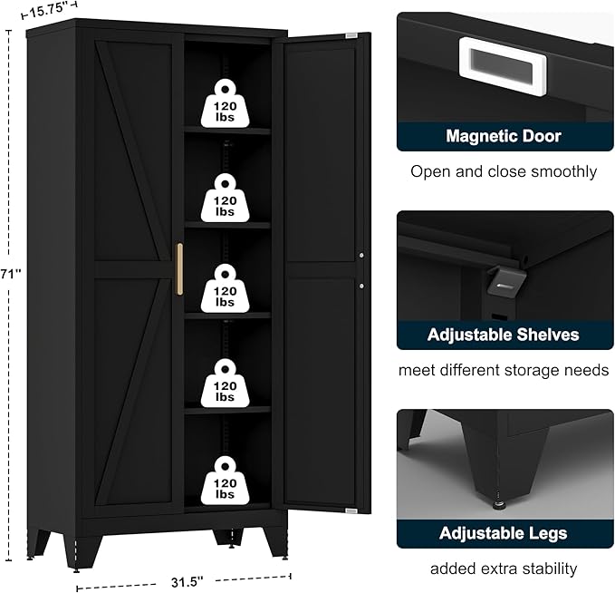 LCAOPC 71" Tall Metal Storage Cabinet with 2 Doors and 4 Adjustable Shelves, 5-Tier Kitchen Pantry Storage Cabinet for Kitchen, Living Room, Dining Room and Office, Black