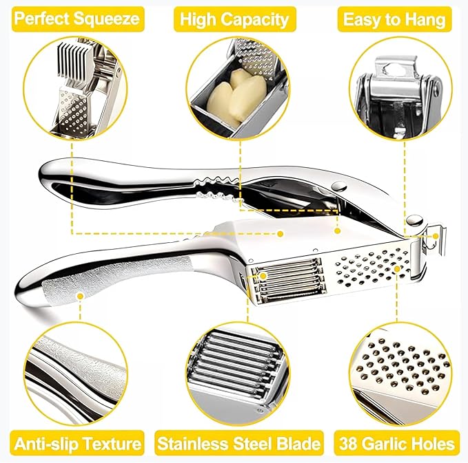 Garlic Press and Slicer 2 in 1, Rust Proof & Dishwasher Safe Professional Garlic Mincer Tool, Effortlessly Crush and Mince Garlic with this Ergonomic Handle-Garlic Slicer & Brush ANCQMI(Pear white)