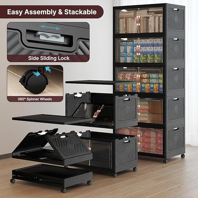 Extra Large Stackable Storage Bins with Lids & Wheels, 275QT-55QT/14GAL*5Pack Foldable Collapsible Closet Organizers Dark Storage Cabinet with Doors for Bedroom Dorm