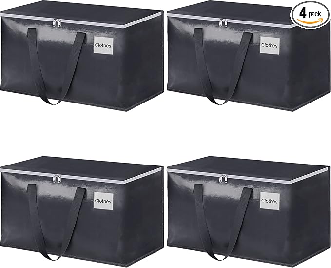 StorageRight Heavy Duty Moving Boxes-Moving Bags with Zipper, Reinforced Handles and Tag Pocket-Collapsible Moving Supplies-Totes for Storage Great for moving, Storage and Travel 93L(Gray-4 Pack)