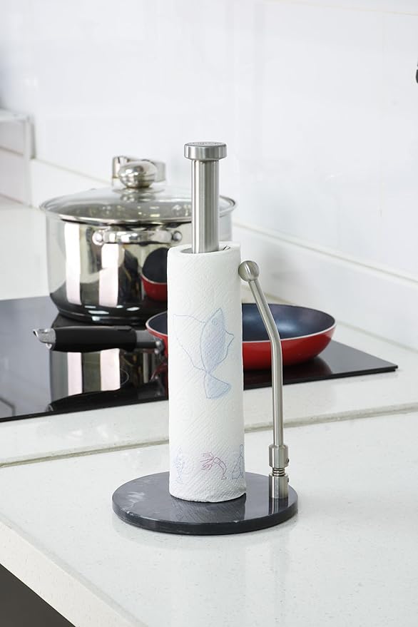 Paper Towel Holder with Marble Base – Heavy Weighted Countertop Holder, Stainless Steel Stand with Natural Stone Base, Modern Kitchen Paper Towel Dispenser