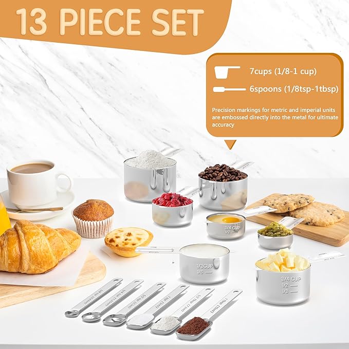 Minteem Stainless Steel Measuring Cups & Spoons Set for Cooking and Baking, Nesting Measuring Cups Measuring Spoons for Measuring Dry or Liquid Ingredients, Kitchen Gadgets, 13Pack