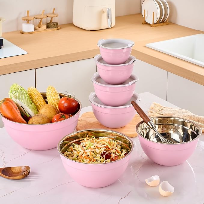 Moxinox Pink Mixing Bowls with Airtight Lids, Stainless Steel Nesting Mixing Bowls Set of 7, Ideal for Baking, Prepping and Serving Food, Size 7, 3.6, 2.7, 2.1, 1.5, 1.1,0.8 QT, Stackable Design