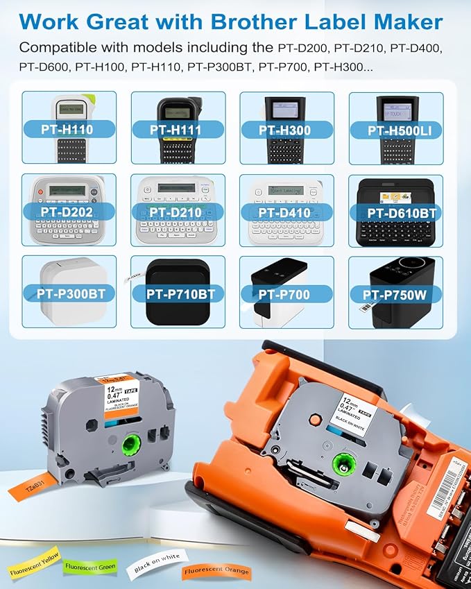 Compatible with Brother P Touch Label Maker Tape Refill Multi Color 12mm 0.47" Standard Laminated White and Fluorescence PTouch Tape TZe 231 B31 C31 D31 for PT-D220 D210 H110 D200 Label Maker Refills
