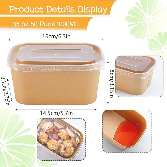Gdotmely 50 Pack Paper Food Containers with Lids,35 oz Kraft Paper Bowls,Cardboard Meal Prep Containers with Lids for Salad,Snacks,Desserts,Hot/Cold Food,Rectangular Disposable Bowls