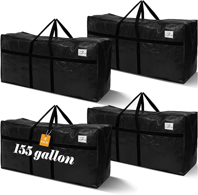 Windyun 4 Pack 155 Gallon Extra Large Moving Bags XXL Heavy Duty Storage Bag with Strong Zipper Handle Jumbo Big Tote Box Foldable for College Dorm Travel Clothes Duffle Blanket Pillow(Black)