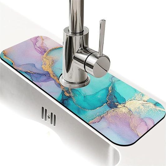 Kitchen Sink Splash Guard，Turquoise lilac gold marble Faucet Mat Sink Gadgets-Super Absorbent Fast Drying Mat Drip Catcher for Kitchen, Bathroom,Sink Mat, Dish Drying Mat, Bathroom(15" X 5.5" )