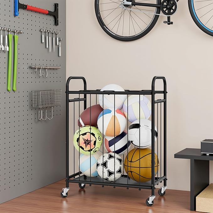 StorageWorks Ball Storage with Wheels, Ball Cart for Garage, Garage Sports Equipment Organizer, Balls Organizer for Basketball, Football, Volleyball