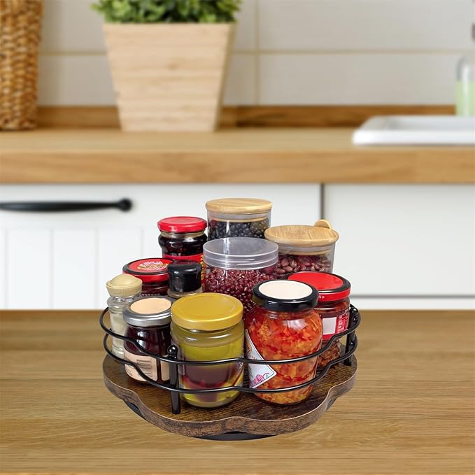 BaiWinlar 13" Lazy Susan Turntable Organizer with Higher Metal Sides, 360° Rotating Wooden Lazy Susan Organization and Storage for Cabinet,Kitchen,Countertop,Table Top,Dining Table,Coffee Bar Decor