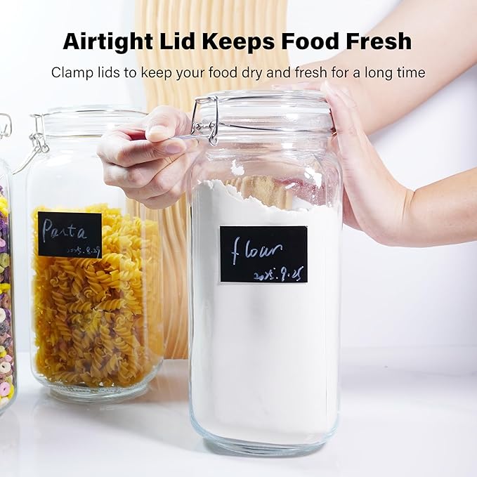 Large Glass Jars with Airtight Clamp Lid 78 OZ, 3 Pack Food Storage Jars Set – Thick Glass Canisters with Silicone Seal, Labels & Marker for Flour, Sugar, Coffee, Pasta, Pantry Organization