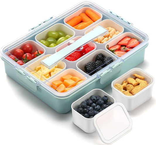 Snackle Box Container for Adults with 9 Compartment, Divided Serving Tray Snack Box Containers with Lid and Handle, Charcuterie Boxes Portable Snack Platter for Fruit Veggie Party Travel, Green