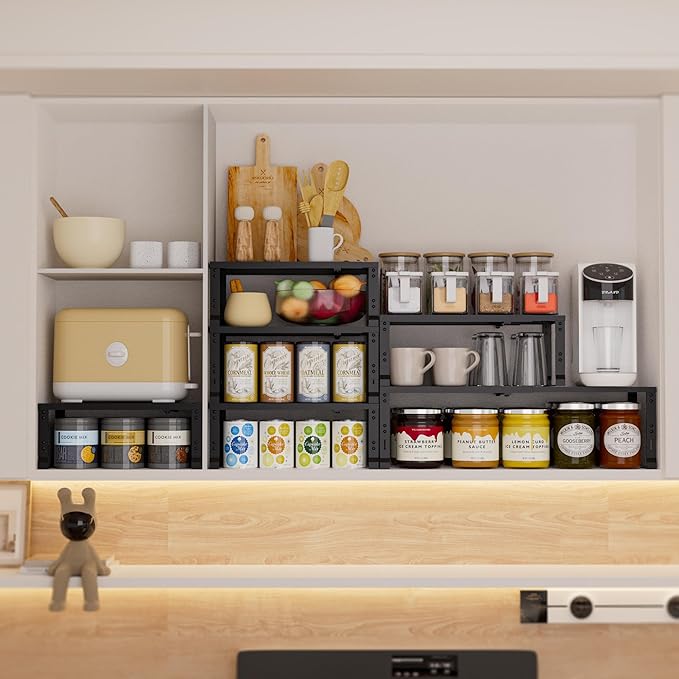 Wobmmi Expandable Spice Rack,Stackable Storage for Cabinet, Multi-Functional Kitchen Shelving,Height-Adjustable,Sustainable Organizer Solution(3Packs/Black/Medium)
